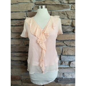 Lauren Ralph Lauren Silk Ruffle Blouse Blush Pink Short Sleeve Camisole Set Sz 8